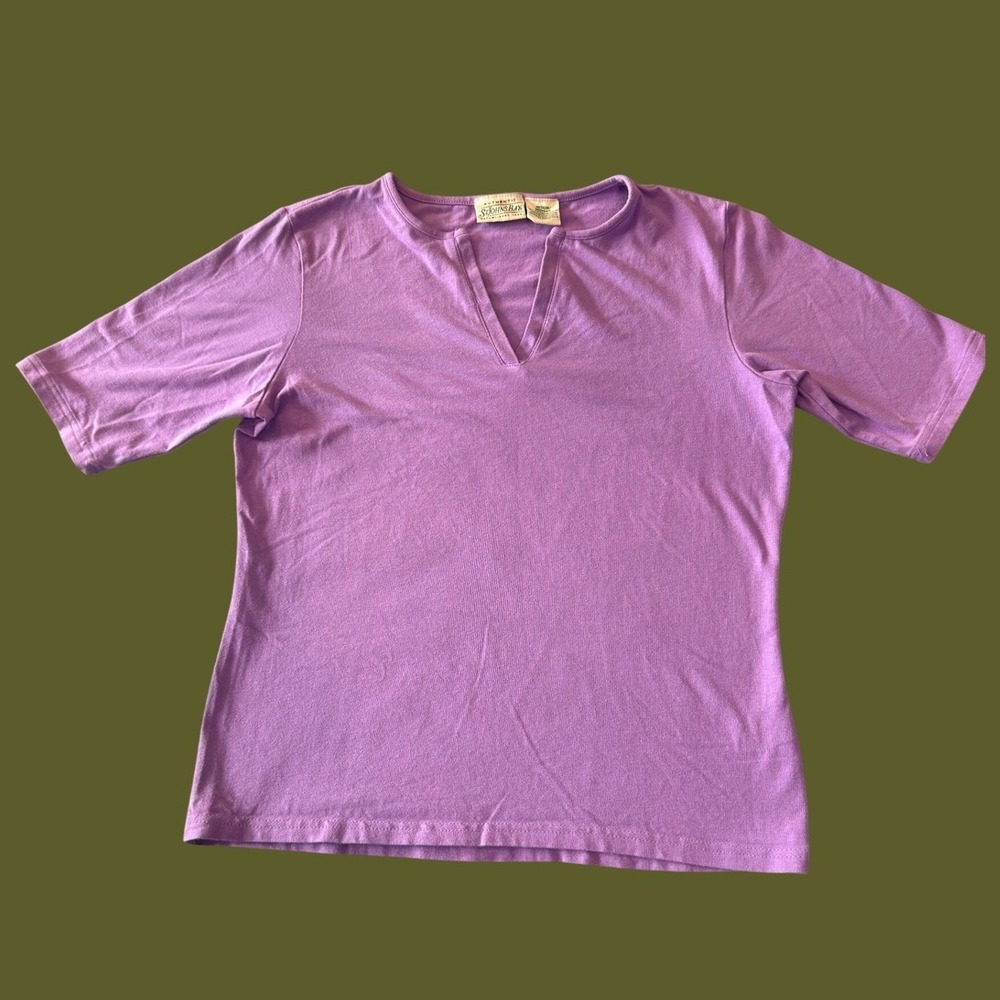 St Johns Bay Split Neck Top M Purple Short Sleeve Stretch Cotton